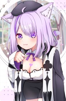 1girl :3 animal_ear_fluff black_hat black_jacket black_skirt breasts cleavage closed_mouth commentary_request hat heart heart_tattoo highres hololive jacket large_breasts looking_at_viewer medium_hair multicolored_hair nekomata_okayu nekomata_okayu_(wonderland) official_alternate_costume purple_eyes purple_hair purple_streaks shirt skirt smile solo streaked_hair tattoo virtual_youtuber white_shirt yokuto