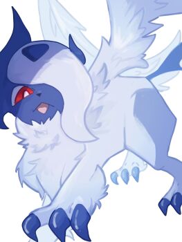 absol animal_focus asymmetrical_horns blue_horns body_fur claws e_eee_g feathered_wings gen_3_pokemon hair_over_one_eye highres horns looking_at_viewer mega_absol mega_pokemon neck_fur nintendo no_humans one_eye_covered open_mouth pokemon pokemon_(creature) pokemon_focus red_eyes simple_background solo tail uneven_horns white_background white_fur white_hair white_wings wings