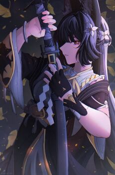 1girl absurdres animal_ear_fluff animal_ears black_dress black_gloves black_hair commentary dress eimearya falling_leaves fingerless_gloves flower fox_ears fox_girl gloves hair_flower hair_ornament highres holding holding_sword holding_weapon hoshimi_miyabi hoshimi_miyabi_(dignified_blossom) katana leaf long_hair looking_at_viewer official_alternate_costume red_eyes single_fingerless_glove single_glove solo sword two-tone_dress weapon white_dress white_flower zenless_zone_zero