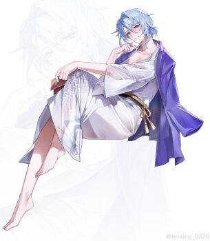 1boy absurdres aegyo_sal alternate_hairstyle barefoot bath_yukata blue_hair card collarbone commentary emong feet full_body genius_invokation_tcg genshin_impact hair_between_eyes hair_bun hand_up haori haori_on_shoulders highres holding holding_card invisible_chair japanese_clothes kamisato_ayato kimono light_blush looking_at_viewer male_focus mole mole_under_mouth official_alternate_costume parted_lips playing_card print_kimono purple_eyes purple_haori sayagata see-through_clothes see-through_kimono simple_background single_hair_bun sitting smile solo tassel toes twitter_username wet wet_hair white_background white_kimono yukata zoom_layer