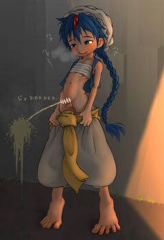 1boy aladdin_(magi) arabian_clothes baggy_pants bandaged_chest bar_censor barefoot blue_hair braid braided_ponytail censored forehead_jewel hat kombain long_hair magi_the_labyrinth_of_magic male_focus pants pee peeing penis shota single_braid solo vest white_turban