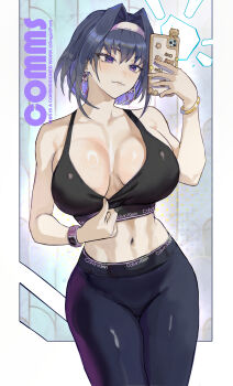1girl :3 absurdres alternate_costume black_sports_bra blue_hair breasts cellphone clothes_pull commentary commission earrings english_commentary english_text hair_intakes hairband highres holding holding_phone hololive hololive_english hoop_earrings jewelry large_breasts ornate_phone_case ouro_kronii pants park_ongjol phone product_placement purple_eyes selfie smartphone solo sports_bra sports_bra_pull twitter_username virtual_youtuber yoga_pants