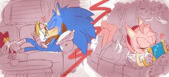 1boy 1girl amy_rose animal_ears animal_nose bandages bare_legs barefoot bed bed_sheet bedroom blonde_hair blue_fur blue_hair blush bracelet brown_scarf cellphone chat closed_eyes coffee_table couch couple curtains eskimo eyelashes feet feet_up flower_pot furry furry_male gloves gold_bracelet hairband handheld_game_console heart heart-shaped_pillow hedgehog hetero holding indoors jewelry kissing_nose lamp legs legs_up living_room long_eyelashes long_feet lying medium_hair miles_electric nanii-kin noses_touching on_bed on_couch on_stomach phone photo_(object) pillow pink_fur pink_hair red_hairband scarf screen sega shoes signature sketch sleeping smartphone smile soles sonic_(series) sonic_boom_(series) sonic_the_hedgehog stuffed_animal stuffed_toy table tail teddy_bear toy unicorn uuu white_gloves window wings