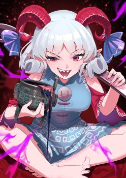 1girl absurdres barefoot curly_hair ding_(vessel) eye_print highres holding holding_spork horizontal_pupils horn_ornament horn_ribbon horns looking_at_viewer meandros oversized_object patterned_clothing petroleum rectangular_pupils red_horns red_sleeves ribbon sharp_teeth sheep_horns smile solo spork teeth touhou toutetsu_yuuma urizaku3