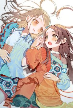 Rule 34 | 2girls, artist name, blonde hair, blue shirt, blue skirt, blue streaks, blue sweater, blush, bracelet, brown eyes, brown hair, collared shirt, commentary request, cowboy shot, earrings, eye contact, gakuen idolmaster, green skirt, hair ornament, hair spread out, hand on own stomach, heart hair duo, highres, holding hands, idolmaster, jewelry, kuramoto china, laurels, leaf hair ornament, long hair, looking at another, lying, michinaru hirogaru (idolmaster), multicolored hair, multiple girls, on back, open mouth, orange eyes, orange shirt, parted bangs, shine asahi, shinosawa hiro, shirt, skirt, smile, streaked hair, stud earrings, sweater, swept bangs, watermark, white background, yuri