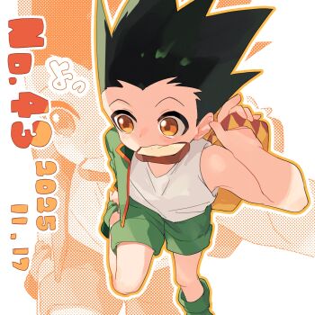 1boy adjusting_footwear backpack bag beer611gold boots bread brown_eyes dated food food_in_mouth gon_freecss green_boots green_hair green_jacket green_shorts highres holding holding_bag hunter_x_hunter jacket male_focus numbered polka_dot short_hair shorts solo spiked_hair standing standing_on_one_leg tank_top white_tank_top yellow_bag zoom_layer