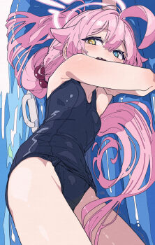 1girl blue_archive blue_eyes blush breasts commentary_request fang hair_between_eyes hair_bobbles hair_ornament halo heterochromia highres hoshino_(blue_archive) long_hair looking_at_viewer lying old_school_swimsuit on_side one-piece_swimsuit open_mouth pink_hair ponytail school_swimsuit small_breasts solo swimsuit ushiki_yoshitaka very_long_hair water yellow_eyes