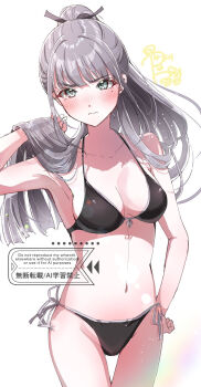 1girl amaya_tsubame bikini black_bikini blunt_bangs breasts cleavage gakuen_idolmaster goslingwallows grey_eyes grey_hair highres idolmaster looking_at_viewer medium_breasts navel ponytail side-tie_bikini_bottom simple_background solo swimsuit thigh_gap tucking_hair watermark white_background