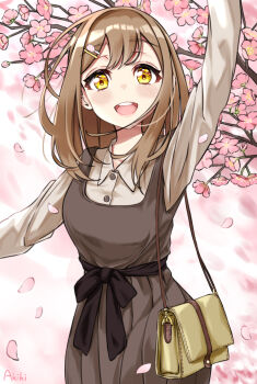 Rule 34 | 1girl, :d, akiki (kiki), arm up, black ribbon, brown dress, brown hair, buttons, cherry blossoms, collared shirt, cowboy shot, dress, hair ornament, hairclip, hairpin, hanami, highres, kunikida hanamaru, long hair, long sleeves, looking at viewer, love live!, love live! sunshine!!, open mouth, pink background, pocketbook, ribbon, shirt, smile, solo, tan shirt, teeth, tongue, upper teeth only, wrist ribbon, yellow eyes