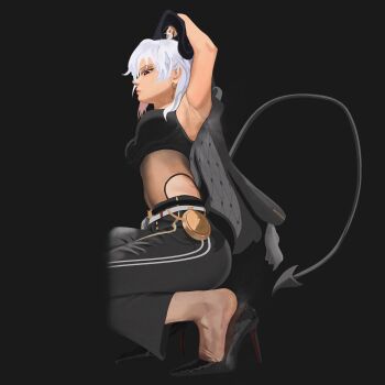 1girl absurdres armpits blush demon_tail feet highres horns long_hair paintcaramel red_eyes shoes steam tail unworn_shoes white_hair wuthering_waves zani_(wuthering_waves)