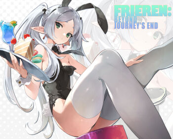 Rule 34 | 1girl, animal ear hairband, animal ears, black leotard, black necktie, breasts, cake, cake slice, commentary, coon, copyright name, cup, detached collar, drinking glass, earrings, elf, fake animal ears, fake tail, feet out of frame, food, frieren, fruit, green eyes, grey hair, hairband, highres, holding, holding tray, hurricane glass, jewelry, leotard, long hair, long pointy ears, looking at viewer, macaron, medium breasts, necktie, orange (fruit), orange slice, outstretched leg, parted bangs, playboy bunny, pointy ears, rabbit ear hairband, rabbit ears, rabbit tail, short eyebrows, sitting, sousou no frieren, strapless, strapless leotard, strawberry shortcake, tail, teardrop earrings, thick eyebrows, thighhighs, thighs, tray, tropical drink, twintails, very long hair, white thighhighs, white wrist cuffs, wrist cuffs, zoom layer