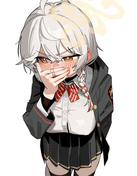 1girl absurdres ahoge averting_eyes black_jacket black_skirt blue_archive blush bow bowtie braid breasts commentary_request covering_own_mouth diagonal-striped_bow diagonal-striped_bowtie diagonal-striped_clothes eri_(blue_archive) from_above hair_between_eyes halo hand_up highres jacket large_breasts long_hair long_sleeves missing_headwear multicolored_hair open_clothes open_jacket red_bow red_bowtie red_streaks ruppu shirt side_braid side_halo simple_background skirt solo streaked_hair striped_bow striped_bowtie striped_clothes white_background white_hair white_shirt yellow_eyes yellow_halo