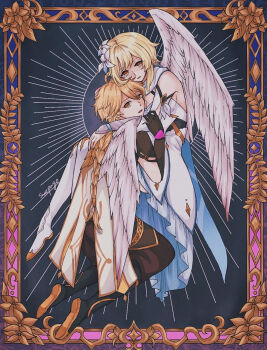 1boy 1girl aether_(genshin_impact) ahoge arm_armor bare_shoulders black_gloves blonde_hair blush braid brother_and_sister brown_shirt dress earrings feather_hair_ornament feathers flower genshin_impact gloves hair_between_eyes hair_flower hair_ornament highres holding jewelry long_hair long_sleeves looking_at_viewer lumine_(genshin_impact) multicolored_flower multiple_boys open_mouth romper scarf shirt short_hair short_hair_with_long_locks siblings sidelocks single_braid single_earring white_dress white_flower white_romper white_scarf yellow_eyes yukuaki_bocchan