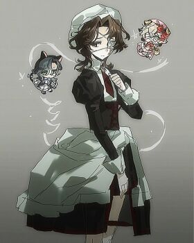 3boys :d animal_ears bandage_over_one_eye beret black_corset black_dress blush_stickers bow brown_hair cat_ears cat_tail chibi corset cosplay cowboy_shot crossdressing crossdressing_(mtf) dog_ears dog_tail dress eyepatch florian_brand frederica_bernkastel frederica_bernkastel_(cosplay) hair_bow hair_intakes hat highres identity_v kd_sayakayui lambdadelta lambdadelta_(cosplay) looking_to_the_side male_focus matthias_czernin medical_eyepatch medium_hair multiple_boys necktie open_mouth pink_dress pink_hat puffy_sleeves raised_inner_eyebrows red_bow red_necktie red_ribbon ribbon richard_sterling scar scar_on_face shannon_(umineko) shannon_(umineko)_(cosplay) single_blush_sticker small_sweatdrop smile tail tail_bow tail_ornament umineko_no_naku_koro_ni wavy_hair white_hat