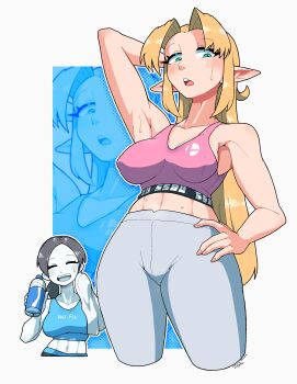 2girls absurdres arm_up armpits bare_shoulders blonde_hair blue_eyes blue_sports_bra bottle colored_skin commentary_request grey_hair grey_leggings hand_on_own_hip highres holding holding_bottle holding_towel leggings long_hair looking_at_viewer midriff multiple_girls navel nintendo omura_zojiki open_mouth pink_sports_bra pointy_ears princess_zelda sports_bra sportswear super_smash_bros. sweat teeth the_legend_of_zelda toned toned_female towel upper_teeth_only water_bottle white_skin wii_fit wii_fit_trainer wii_fit_trainer_(female) zoom_layer