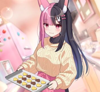 1girl animal_ear_fluff animal_ears black_hair black_nails blurry blurry_background blush bow breasts closed_mouth commentary cookie cowboy_shot english_commentary fang fingernails food hair_bow heart heart-shaped_cookie heart-shaped_food holding holding_tray indie_virtual_youtuber indoors long_hair long_sleeves looking_at_viewer marshie_(vtuber) masuyu_rumu multicolored_hair nail_polish parted_bangs pink_bow pink_eyes pink_hair rabbit_ears rabbit_girl ribbed_sweater second-party_source skin_fang small_breasts smile solo split-color_hair sweater tray two-tone_hair virtual_youtuber yellow_sweater