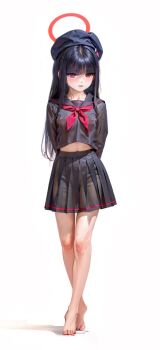 1girl arms_behind_back bare_legs barefoot black_hair black_serafuku black_skirt blue_archive blunt_bangs breasts closed_mouth commentary_request crossed_ankles full_body halo hat highres justice_task_force_member_(blue_archive) light_smile long_hair long_sleeves looking_at_viewer midriff navel neckerchief no_panties pleated_skirt red_neckerchief school_uniform see-through_clothes see-through_skirt serafuku shadow simple_background skirt small_breasts solo standing sweetonedollar very_long_hair white_background