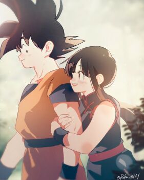 Rule 34 | 1boy, 1girl, black hair, blue dress, blue shirt, breasts, chi-chi (dragon ball), china dress, chinese clothes, commentary, couple, cowboy shot, dougi, dragon ball, dragon ball (classic), dress, from side, hetero, highres, long hair, orange pants, orange shirt, pants, roku (roku 0141), shirt, son goku, spiked hair