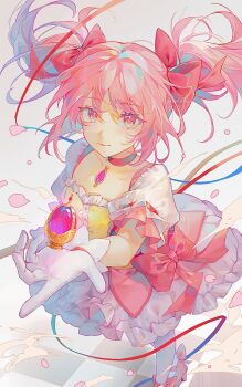 Rule 34 | 1girl, bow, checkered floor, choker, commentary, dress, dress bow, gloves, hair bow, highres, kaname madoka, kaname madoka (magical girl), kirabunni, magical girl, mahou shoujo madoka magica, multiple hair bows, pink dress, pink eyes, pink hair, puffy short sleeves, puffy sleeves, red bow, short sleeves, solo, soul gem, twintails, white gloves