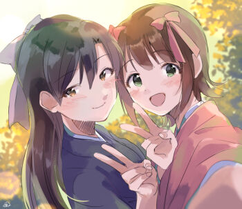 Rule 34 | 2girls, amami haruka, black hair, blue kimono, bow, brown eyes, brown hair, closed mouth, commentary request, day, green eyes, hair bow, highres, idolmaster, idolmaster (classic), japanese clothes, kimono, kisaragi chihaya, kuzuya ramurin, long hair, looking at viewer, multiple girls, multiple hair bows, open mouth, outdoors, pink kimono, red bow, short hair, smile, upper body, very long hair