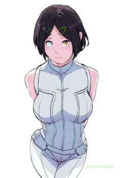 1girl absurdres adam_kang bare_shoulders black_hair blush breasts closed_mouth hair_ornament hairclip heterochromia highres large_breasts long_hair looking_at_viewer pants sentai_daishikkaku shirt simple_background sleeveless sleeveless_shirt smile usukubo_angel white_background white_eyes white_pants white_shirt yellow_eyes