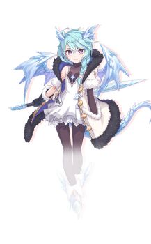 Rule 34 | 1girl, arm tattoo, black gloves, black pantyhose, blue hair, braid, braided ponytail, closed mouth, coat, dragon girl, dragon horns, dragon tail, dragon wings, dress, drop shadow, frilled dress, frills, full body, fur-trimmed coat, fur-trimmed gloves, fur trim, gloves, hair between eyes, hand in pocket, hood, hood down, hooded coat, horns, ice, ice wings, long hair, looking at viewer, official art, open clothes, open coat, pantyhose, princess connect!, purple eyes, sheffy (princess connect!), simple background, single bare shoulder, smile, solo, standing, sword, tachi-e, tail, tattoo, transparent background, v-shaped eyebrows, weapon, white coat, white dress, wings