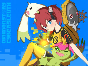 Rule 34 | aiba ami, black shirt, black skirt, blue background, blue eyes, blush, breasts, copyright name, digimon, digimon (creature), digimon story: cyber sleuth, goggles, goggles on head, group picture, gunimated, hagurumon, highres, horns, looking at viewer, palmon, plant monster, pleated skirt, red hair, shirt, side ponytail, simple background, single horn, skirt, terriermon, thighhighs, yellow shirt, yellow thighhighs