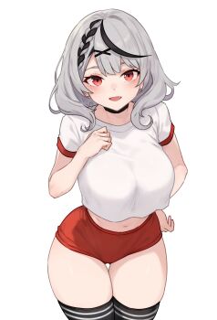 1girl absurdres alternate_costume black_choker black_hair bluefield braid breasts buruma choker fang from_front grey_hair hair_ornament hairpin highres hololive large_breasts looking_at_viewer medium_hair midriff multicolored_hair navel open_mouth red_buruma red_eyes revision sakamata_chloe shirt simple_background single_braid smile solo streaked_hair sweat thighhighs thighs virtual_youtuber white_background white_shirt x_hair_ornament