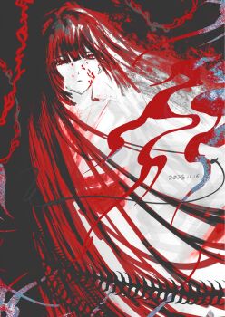 1girl black_hair blood blood_on_face dated hashtag-only_commentary highres japanese_clothes kimono limbus_company long_hair looking_at_viewer multicolored_hair omoo_(00ooo_0o) open_mouth project_moon red_eyes red_hair ryoshu_(project_moon) solo two-tone_hair white_kimono