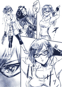 Rule 34 | 1girl, blue hair, breasts, cleavage, commentary request, cutting, cutting hair, cutting own hair, glasses, hair between eyes, holding, holding own hair, large breasts, long hair, macica, pantyhose, red-framed eyewear, shigure kasumi, short hair, simple background, translation request, valkyrie drive, valkyrie drive -mermaid-