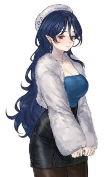 Rule 34 | 1girl, alternate costume, alternate headwear, beret, black skirt, blue hair, blue shirt, breasts, brown pantyhose, cleavage, closed mouth, collarbone, commentary, contemporary, earrings, gonglijeongli, hat, highres, iizunamaru megumu, jacket, jewelry, large breasts, long hair, long sleeves, open clothes, open jacket, pantyhose, pencil skirt, pointy ears, red eyes, shirt, simple background, skirt, solo, strapless, strapless shirt, touhou, white background, white hat, white jacket