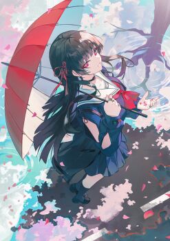 1girl absurdres arm_cutout black_hair black_jacket black_serafuku black_skirt breasts chisa_(wuthering_waves) clothing_cutout commentary from_side hand_up highres holding holding_umbrella hyonee jacket long_hair long_sleeves looking_at_viewer medium_breasts mole mole_under_eye neckerchief parted_lips red_eyes red_neckerchief red_umbrella reflection reflective_liquid sailor_collar school_uniform serafuku skirt solo symbol-only_commentary umbrella white_sailor_collar wuthering_waves