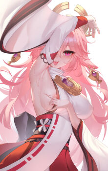 1girl \||/ absurdres animal_ears areola_slip arm_up armpits breasts commentary_request covering_one_eye cowboy_shot detached_sleeves earrings floppy_ears fox_ears fox_shadow_puppet genshin_impact hair_ornament highres iranon_(new_iranon) japanese_clothes jewelry large_breasts long_hair looking_at_viewer low-tied_long_hair nontraditional_miko parted_lips pink_hair purple_eyes ribbon_trim self_exposure shirt shirt_tug sideboob simple_background sleeveless sleeveless_shirt solo sweat tongue tongue_out upper_body vision_(genshin_impact) water_drop white_background white_shirt wide_sleeves yae_miko ||/