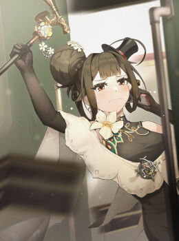 Rule 34 | 1girl, ahoge, arm up, azusaec, black dress, black gloves, black hat, brown hair, cane, cellphone, closed mouth, commentary request, crying, crying with eyes open, dress, elbow gloves, flip phone, flower, furrowed brow, gloves, hair bun, hair flower, hair ornament, hands up, hat, highres, holding, holding cane, holding phone, huge hair bun, liqing (xinyue tongxing), looking ahead, mini hat, mini top hat, neck flower, open door, phone, red eyes, shawl, short hair, single side bun, sleeveless, sleeveless dress, solo, streaming tears, tears, top hat, upper body, white flower, white shawl, xinyue tongxing