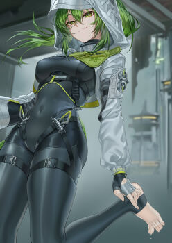 1girl absurdres arknights arknights:_endfield black_bodysuit black_gloves bodysuit breasts chinese_commentary closed_mouth commentary_request covered_navel endfield_industries_logo feet feet_out_of_frame fingerless_gloves fingernails fluorite_(arknights) gloves green_eyes green_hair hair_between_eyes hair_through_hood highres hood hooded_shrug impossible_bodysuit impossible_clothes leg_up long_fingernails long_hair long_sleeves looking_at_viewer medium_breasts multicolored_gloves no_shoes shrug_(clothing) snake_tail solo tail thighs two-tone_gloves white_gloves white_shrug xo_(xo17800108)