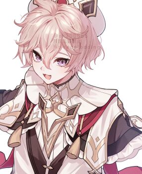 1boy :3 :d artist_name bishounen dahlia_(genshin_impact) diamond-shaped_pupils diamond_(shape) double-parted_bangs fang genshin_impact hair_between_eyes hat highres jacket looking_at_viewer male_focus mochizuki_mochi open_mouth pink_hair purple_eyes short_hair simple_background smile solo symbol-shaped_pupils tassel third-party_source tsurime twitter_username upper_body very_short_hair watermark white_background white_hat white_jacket