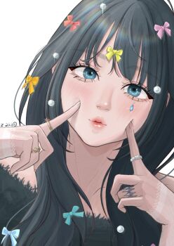 1girl aqua_eyes artist_name black_hair bow closed_mouth commentary_request fingers_to_cheeks hair_bow hair_over_shoulder hands_up highres jewelry long_hair looking_at_viewer original parted_bangs pearl_hair_ornament portrait red_lips ring simple_background solo too_many_bows too_many_hair_ornaments white_background zakikoillust