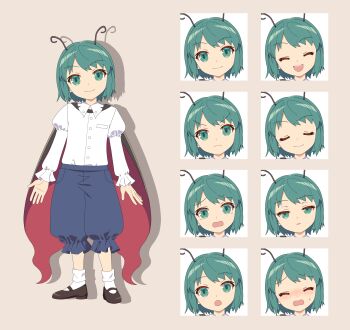 1girl 4rion absurdres ankle_socks antennae black_cape blue_shorts brown_shoes cape closed_mouth collared_shirt commentary_request flat_chest full_body green_eyes green_hair head_tilt highres juliet_sleeves long_sleeves looking_at_viewer mary_janes multiple_expressions puffy_sleeves red_cape shirt shoes short_hair shorts socks solo standing tachi-e touhou white_shirt white_socks wriggle_nightbug