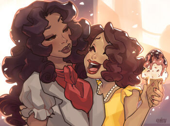 Rule 34 | 2girls, artist name, brown eyes, brown lips, cinnabarbie, closed eyes, commentary, dark-skinned female, dark skin, multiple scoops, english commentary, food, grey shirt, hand on another's back, hand up, holding, holding ice cream cone, ice cream, ice cream cone, jewelry, long hair, looking at another, medium hair, multiple girls, necklace, original, pearl necklace, puffy short sleeves, puffy sleeves, red lips, shirt, short sleeves, smile, teeth, upper body, yellow shirt