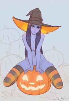 1girl artist_name blush breasts cleavage colored_skin commentary english_commentary hat head_tilt highres jack-o&#039;-lantern large_breasts long_hair looking_at_viewer navel nude ocean_(oveanman) overwatch partially_colored pink_lips purple_hair purple_skin simple_background solo spread_legs striped_clothes striped_thighhighs thighhighs widowmaker_(overwatch) witch_hat yellow_eyes