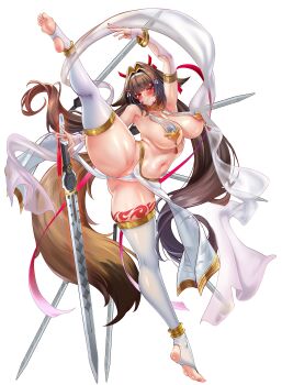 1girl absurdres barefoot blush breasts brown_hair feet hairband highres jagoo large_breasts long_hair looking_at_viewer panties red_eyes smile soles stirrup_legwear sword thighhighs toeless_legwear toes transparent_background underwear weapon white_thighhighs ye_shunguang zenless_zone_zero