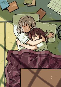 2girls absurdres blush book closed_eyes commentary cuddling from_above girls_band_cry grey_hair habsida_(habsida_hpy) hair_down highres iseri_nina kawaragi_momoka kotatsu light_particles long_hair multicolored_hair multiple_girls on_floor open_mouth pillow red_hair roots_(hair) shirt short_sleeves sleeping table under_kotatsu under_table white_shirt yuri