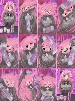 +_- 1girl alcohol animal_ears arms_behind_back asymmetrical_horns backward-facing_horns black_bow black_bowtie black_eyes black_mouth black_saliva bottle bow bowtie breasts bright_pupils closed_mouth cocktail_shaker colored_saliva commentary cross cup drinking_glass english_commentary femme_soule fine_art_parody fingernail_gloves goat_ears goat_horns grey_shirt hair_intakes heterochromia highres horns inverted_cross large_breasts long_hair mismatched_horns motion_blur parody pink_eyes pink_hair pukey_goddess_shot_trick sequential shirt shot_glass smear_frame smile table the_making_of_the_perfect_martini tomohiro_(tomohiro_r36aby) white_pupils