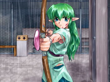 1990s_(style) 1girl aiming aiming_at_viewer alice_soft angry arrow_(projectile) blood blue_eyes bow_(weapon) bra bra_peek celes_leblanc chain-link_fence dorm elf facing_viewer female_focus fence glasses green_hair green_shirt injury lingerie long_pointy_ears looking_at_viewer no_eyewear outdoors pastel_chime pointy_ears rain retro_artstyle rooftop school_roof school_uniform shirt short_sleeves skinny skirt solo torn_clothes trash_can underwear upper_body weapon