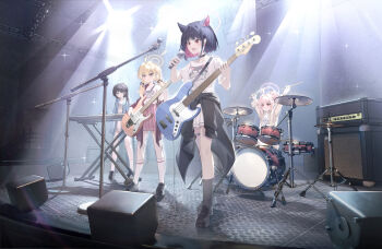 4girls absurdres after-school_sweets_club_(blue_archive) airi_(band)_(blue_archive) airi_(blue_archive) animal_ears animal_print arms_up black_hair black_jacket black_shoes black_socks blonde_hair blue_archive blue_jacket brown_hair cat_ears cat_girl cat_print clothes_around_waist colored_inner_hair drum drumsticks electric_guitar extra_ears green_eyes green_halo guitar hair_between_eyes hair_bun half_updo halo highres holding holding_drumsticks holding_guitar holding_instrument holding_microphone instrument jacket jacket_around_waist kazusa_(band)_(blue_archive) kazusa_(blue_archive) keyboard_(instrument) kneehighs long_hair looking_ahead looking_at_another low_twintails microphone multicolored_hair multiple_girls music natsu_(band)_(blue_archive) natsu_(blue_archive) official_alternate_costume official_alternate_hairstyle open_clothes open_jacket pink_hair pink_halo pink_skirt playing_instrument pleated_skirt red_eyes red_jacket shoes short_hair sidelocks skirt socks twintails two-tone_hair white_skirt white_socks yellow_eyes yellow_halo yellow_jacket yoshimi_(band)_(blue_archive) yoshimi_(blue_archive) zxcould23