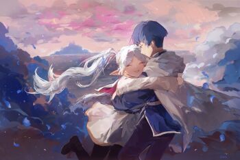 1boy 1girl absurdres black_leggings blue_eyes blue_hair closed_eyes couple earrings elf frieren highres himmel_(sousou_no_frieren) hug jewelry leggings long_hair open_mouth pointy_ears sousou_no_frieren twintails white_hair zhoartu