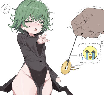 1boy 1girl absurdres anger_vein black_dress breasts bubble citizen_k_(pngj5475) commentary covered_navel crying_emoji curly_hair dark-skinned_male dark_skin dress emoji green_eyes green_hair highres hypnosis loli meme mind_control navel one-punch_man open_mouth short_hair small_breasts sweat symbol-only_commentary tatsumaki uohhhhhhhhh!_(meme) white_background