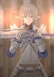 Rule 34 | 1boy, armor, blurry, blurry background, breastplate, brown hair, chainmail, chihuri, closed mouth, depth of field, final fantasy, final fantasy xiv, gauntlets, green eyes, hair over one eye, hands up, highres, holding, holding sword, holding weapon, male focus, pauldrons, pointy ears, shoulder armor, solo, sword, upper body, weapon, zephirin de valhourdin