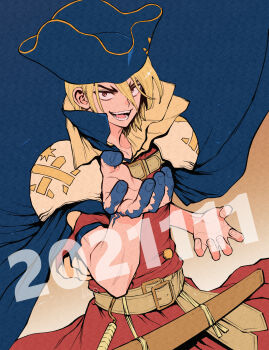 Rule 34 | 1boy, 2021, armor, belt, birthday, blonde hair, blue cape, brown eyes, cape, dr. stone, hair between eyes, hand up, happy birthday, hat, highres, looking at viewer, male focus, nanami ryuusui, ninomae gin, offering hand to another, open mouth, pauldrons, pirate, pirate hat, sharp teeth, short hair, shoulder armor, smile, solo, sword, teeth, weapon, yellow belt