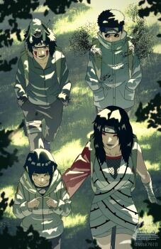 2boys 2girls aburame_shino artist_name asymmetrical_clothes baby_animal bandaged_arm bandages black_hair blunt_bangs breasts byakugan dog fishnet_top fishnets flak_jacket forehead_protector forest from_above hands_in_pockets headband_around_neck highres hyuuga_hinata index_fingers_together inuzuka_kiba jacket konohagakure_shinobi_uniform konohagakure_symbol large_breasts long_hair looking_at_another marking_on_cheek multiple_boys multiple_girls naruto_(classic) naruto_(series) nature ninja no_pupils outdoors parted_bangs patting puppy red_eyes short_hair sign single_sleeve smile spiked_hair sssiii7610 sunglasses talking walking warning_sign white_dog white_eyes yuuhi_kurenai